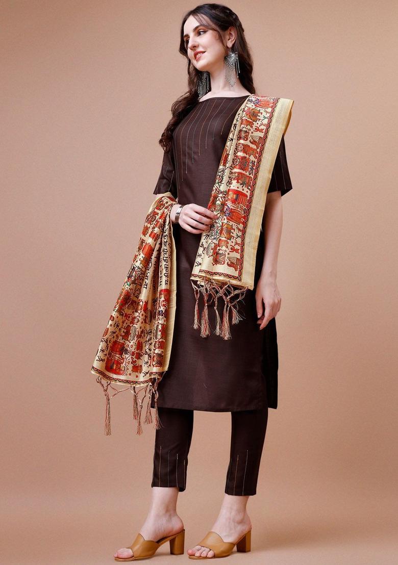 Brown Yoke Design Cotton Kurta Set - Indya