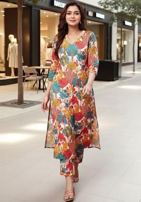 White Printed Viscose Kurta Set