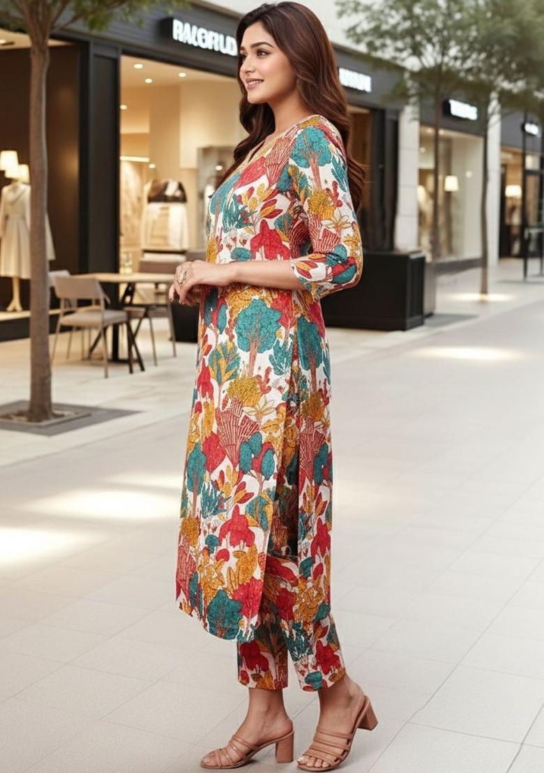 White Printed Viscose Kurta Set - Indya