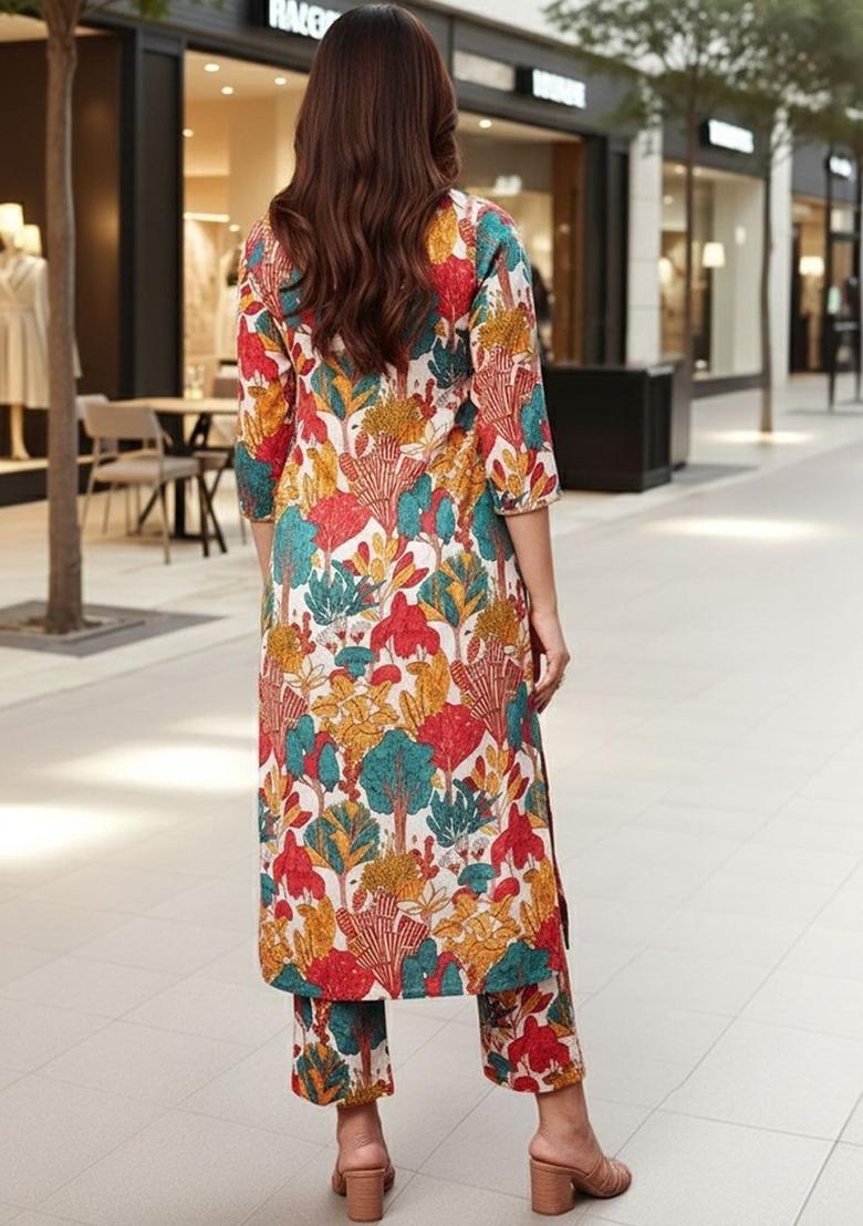 White Printed Viscose Kurta Set - Indya