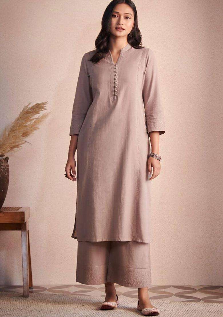 Pink Solid Viscose Kurta Set - Indya