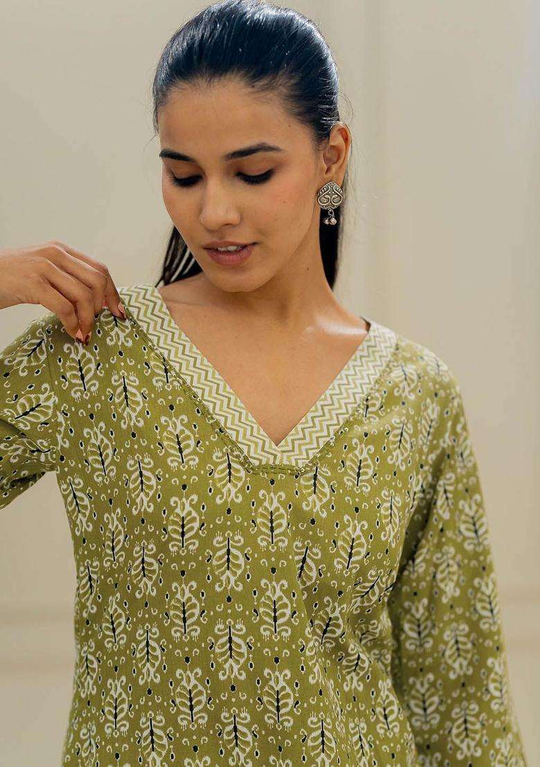 Olive Printed Cotton Kurta Set - Indya