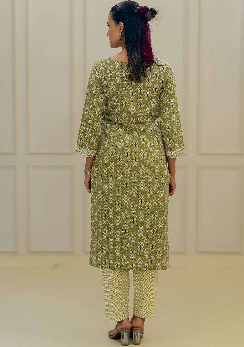Olive Printed Cotton Kurta Set - Indya