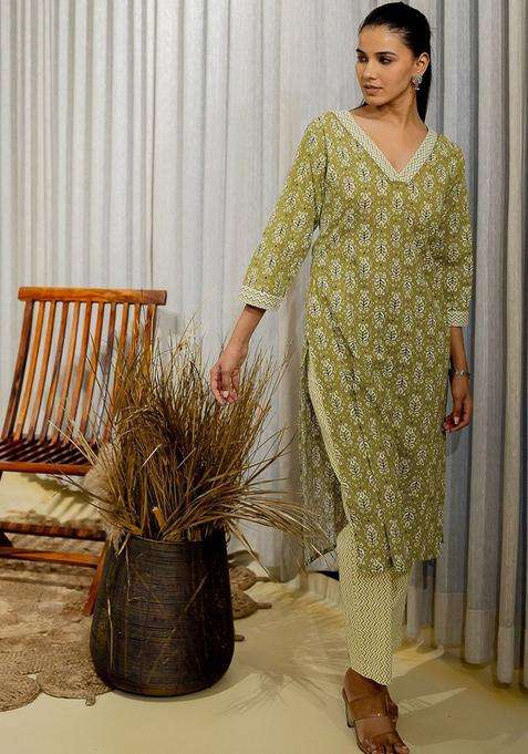 Olive Printed Cotton Kurta Set