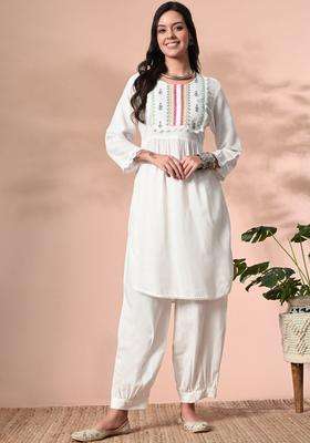 White Embroidered Viscose Kurta Set