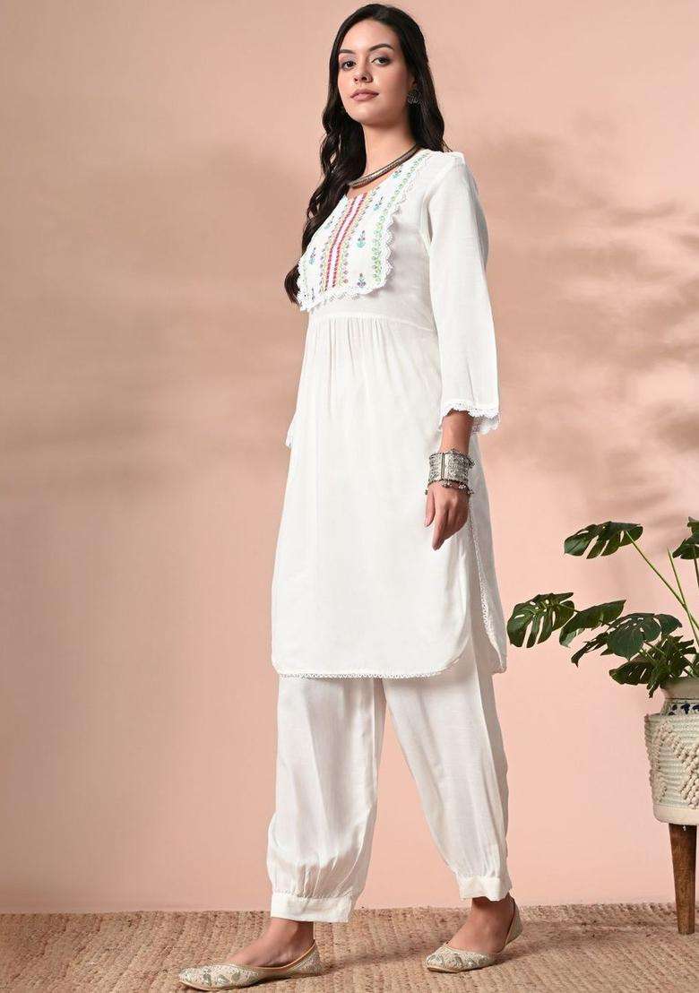 White Embroidered Viscose Kurta Set - Indya