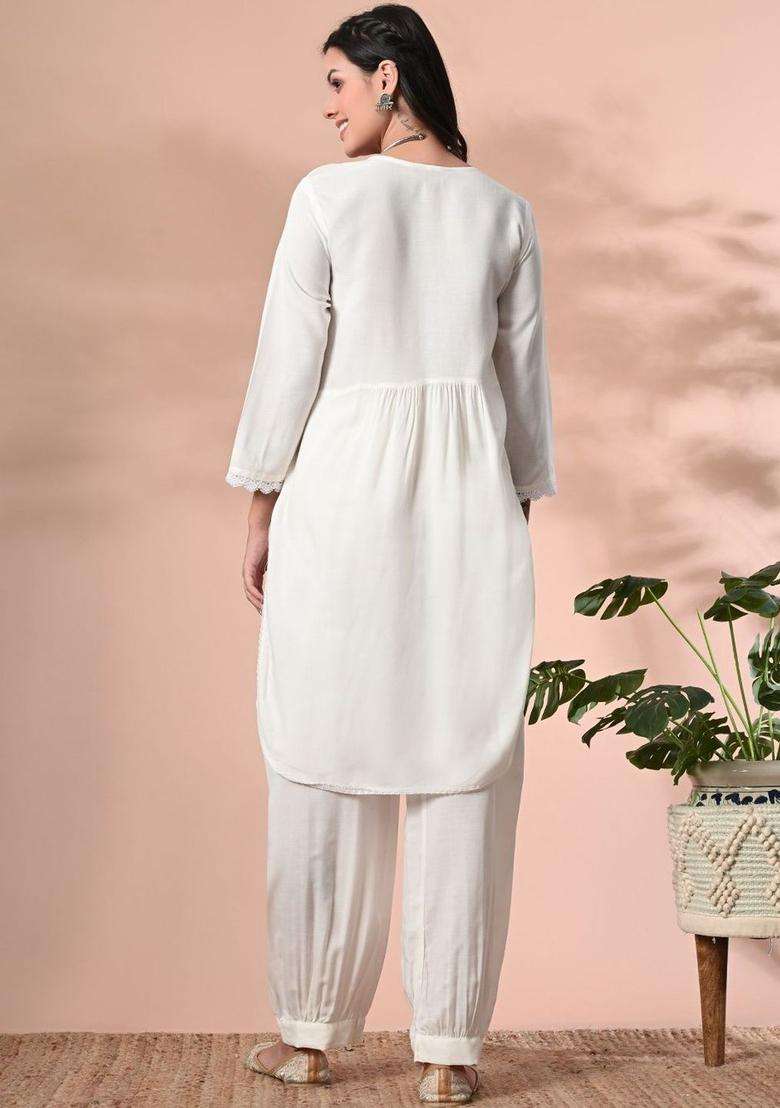 White Embroidered Viscose Kurta Set - Indya