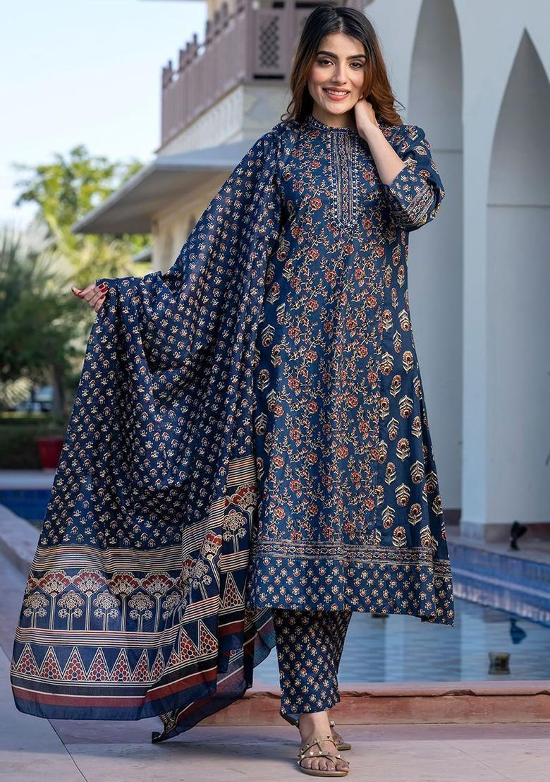 Blue Embroidered Cotton Kurta Set - Indya