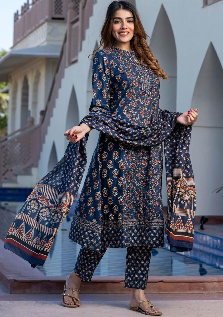Blue Embroidered Cotton Kurta Set - Indya