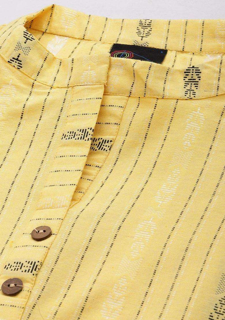 Yellow Woven Design Cotton Kurta Set - Indya