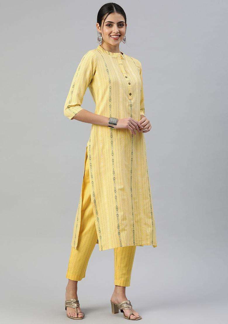 Yellow Woven Design Cotton Kurta Set - Indya