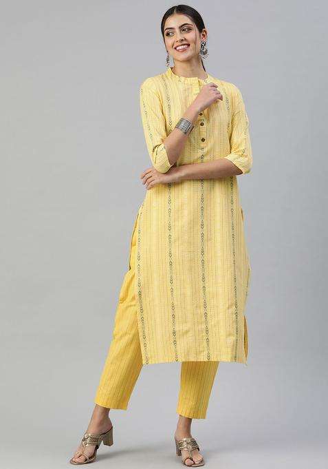 Yellow Woven Design Cotton Kurta Set