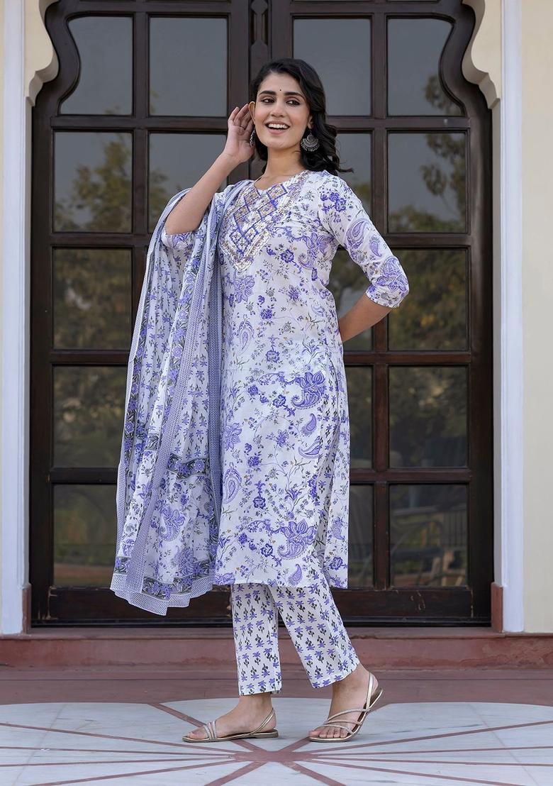 Blue Woven Design Cotton Kurta Set - Indya