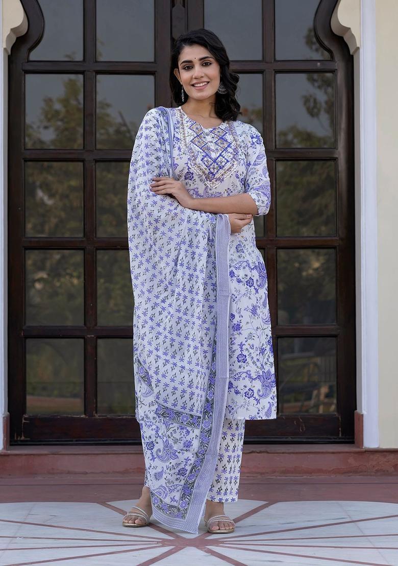Blue Woven Design Cotton Kurta Set - Indya