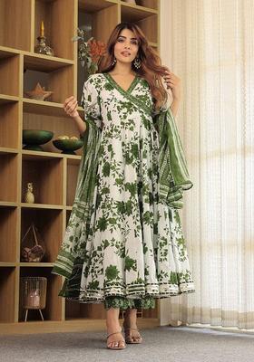 White Printed Viscose Kurta Set