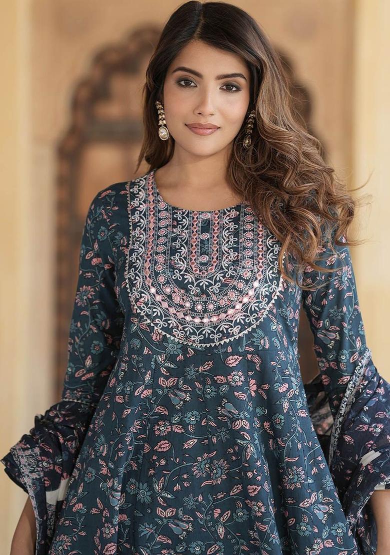 Blue Embroidered Cotton Kurta Set - Indya