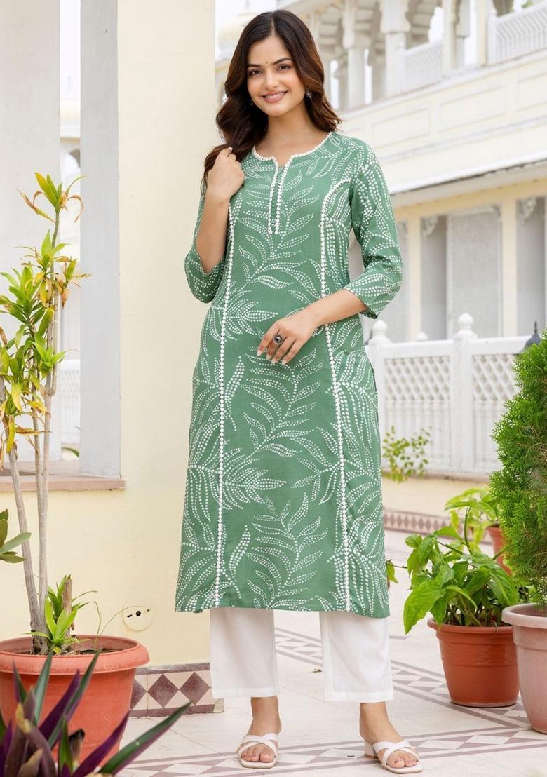 Green Printed Viscose Kurta Set - Indya