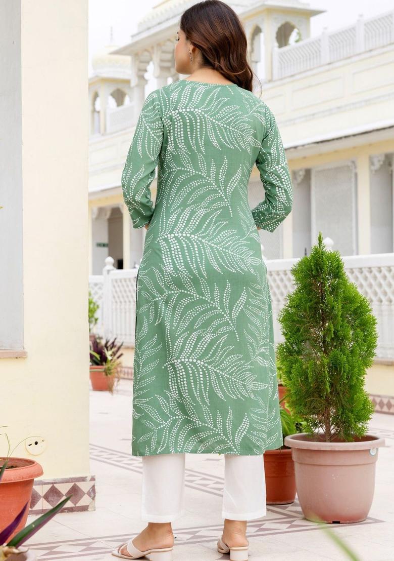 Green Printed Viscose Kurta Set - Indya