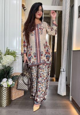 Beige Printed Viscose Kurta Set