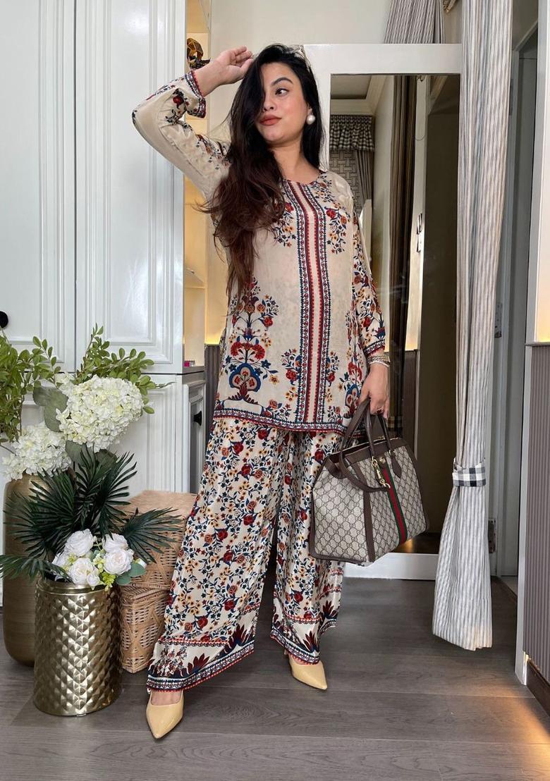 Beige Printed Viscose Kurta Set - Indya