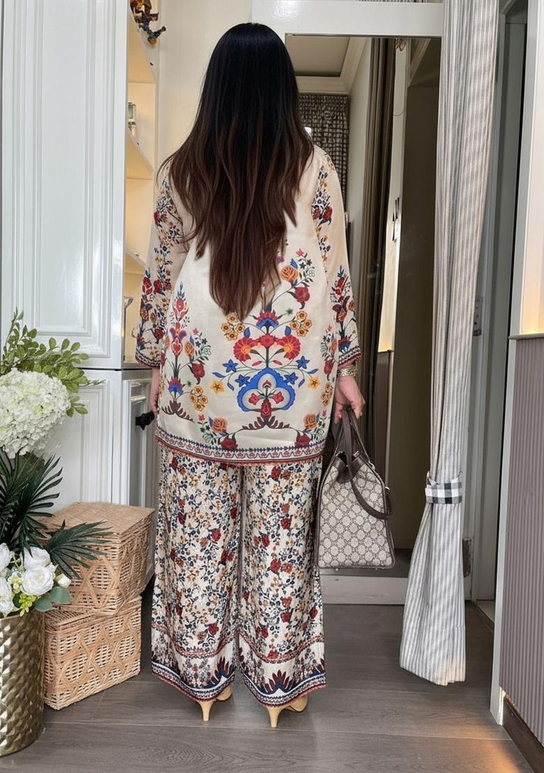 Beige Printed Viscose Kurta Set - Indya