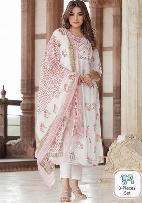 White Printed Cotton Kurta Set