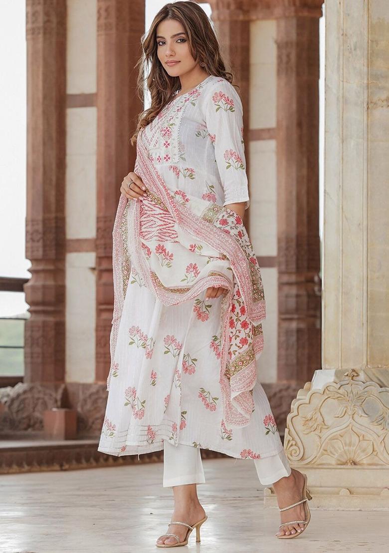 White Printed Cotton Kurta Set - Indya