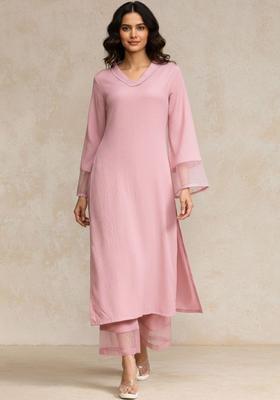 Pink Self Design Silk Blend Kurta Set