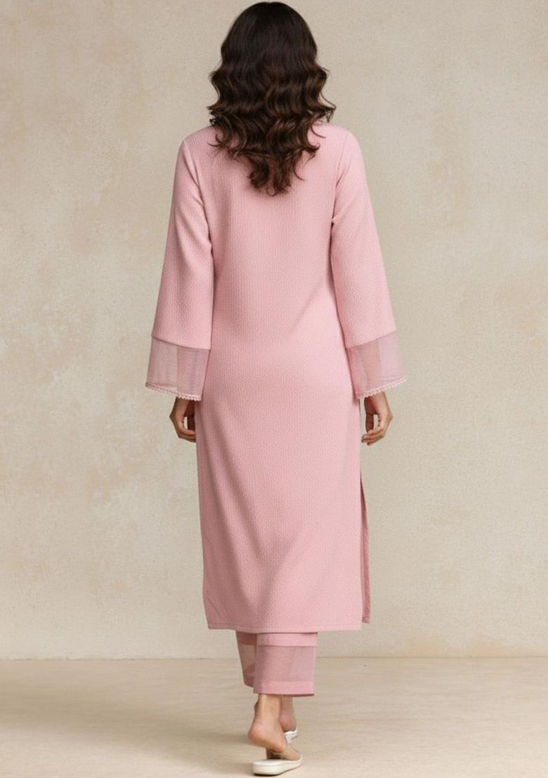 Pink Self Design Silk Kurta Set - Indya