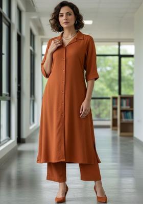 Orange Self Design Silk Blend Kurta Set
