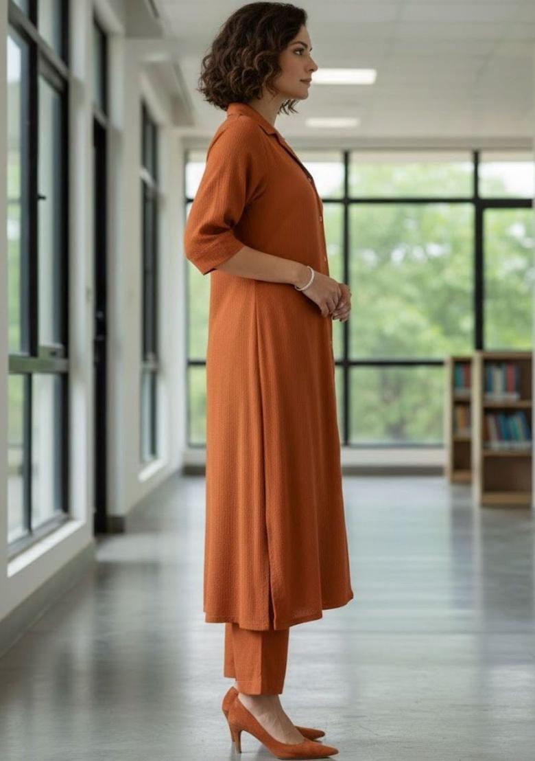 Orange Self Design Silk Kurta Set - Indya