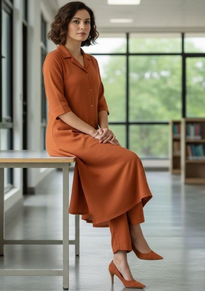 Orange Self Design Silk Kurta Set - Indya