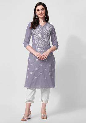 Grey Embroidered Cotton Kurta Set
