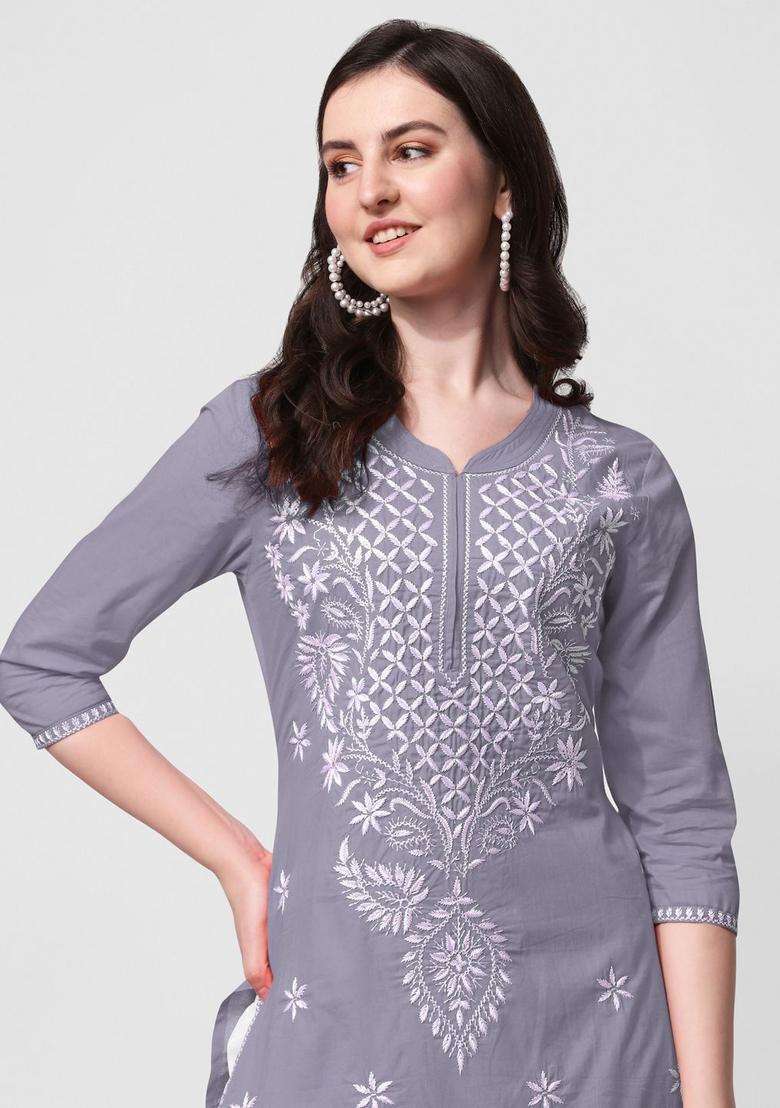Grey Embroidered Cotton Kurta Set - Indya