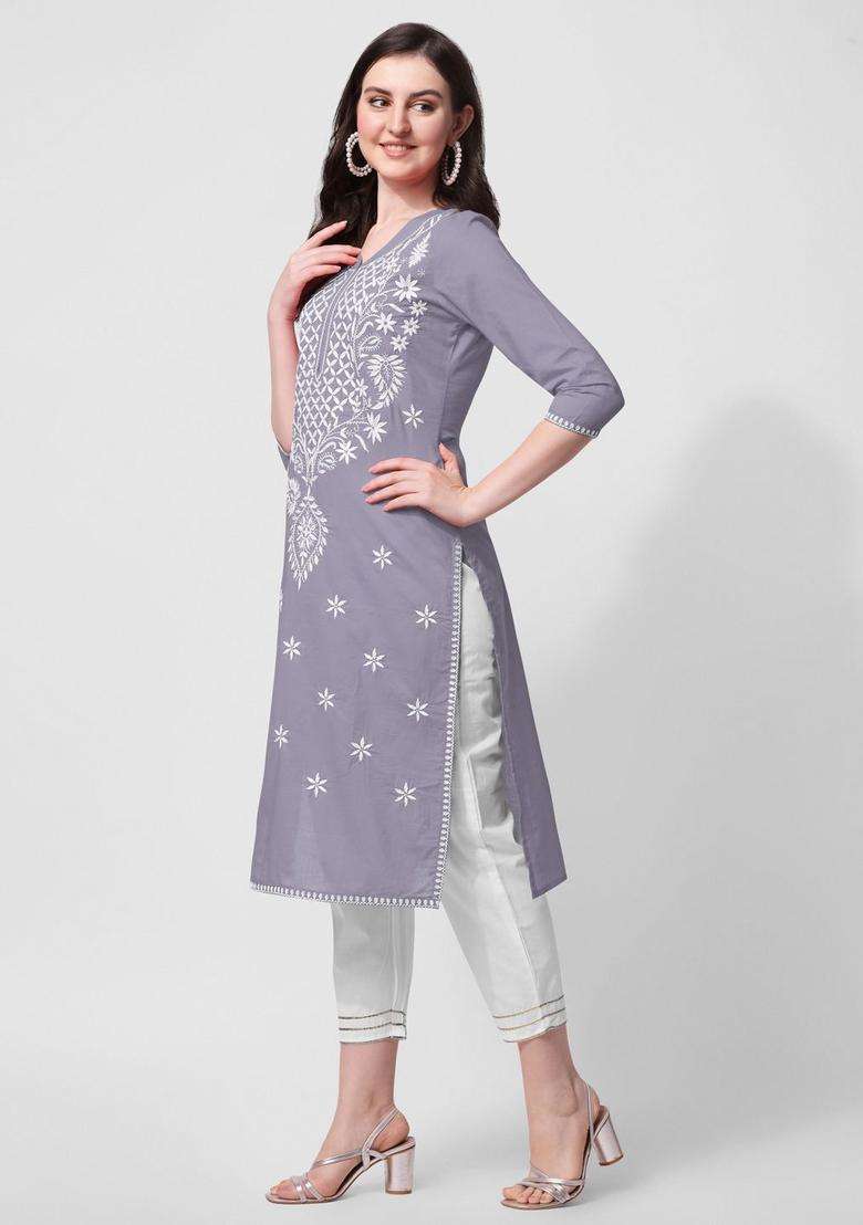 Grey Embroidered Cotton Kurta Set - Indya
