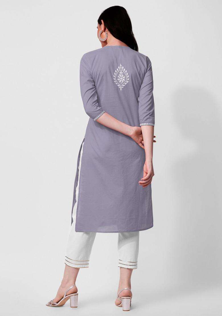 Grey Embroidered Cotton Kurta Set - Indya