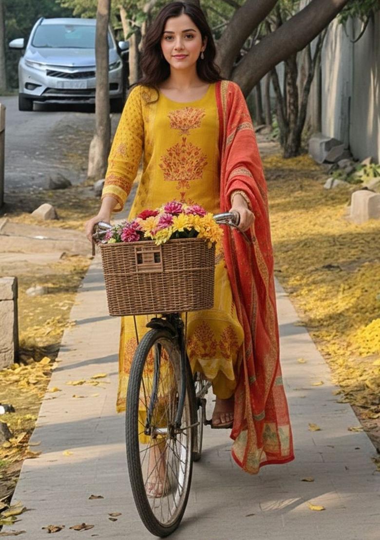 Yellow Printed Viscose Kurta Set - Indya