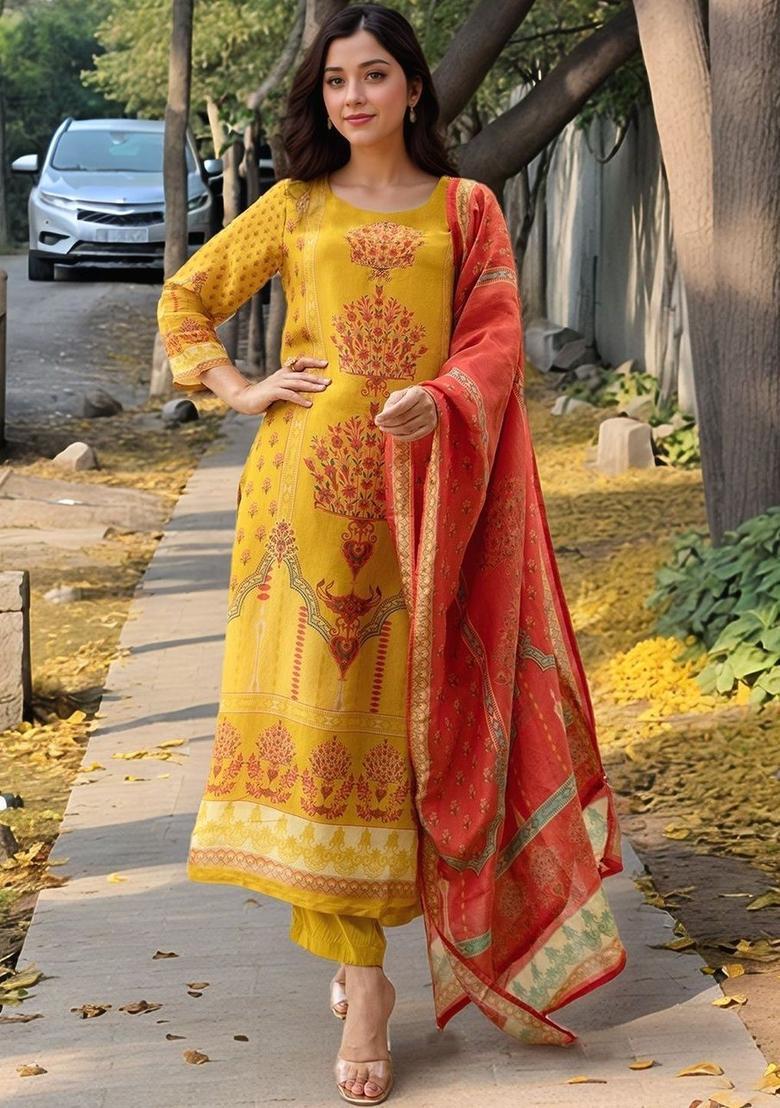 Yellow Printed Viscose Kurta Set - Indya