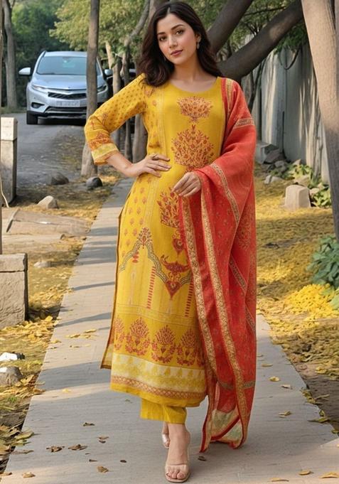Yellow Printed Viscose Kurta Set — view on Indya