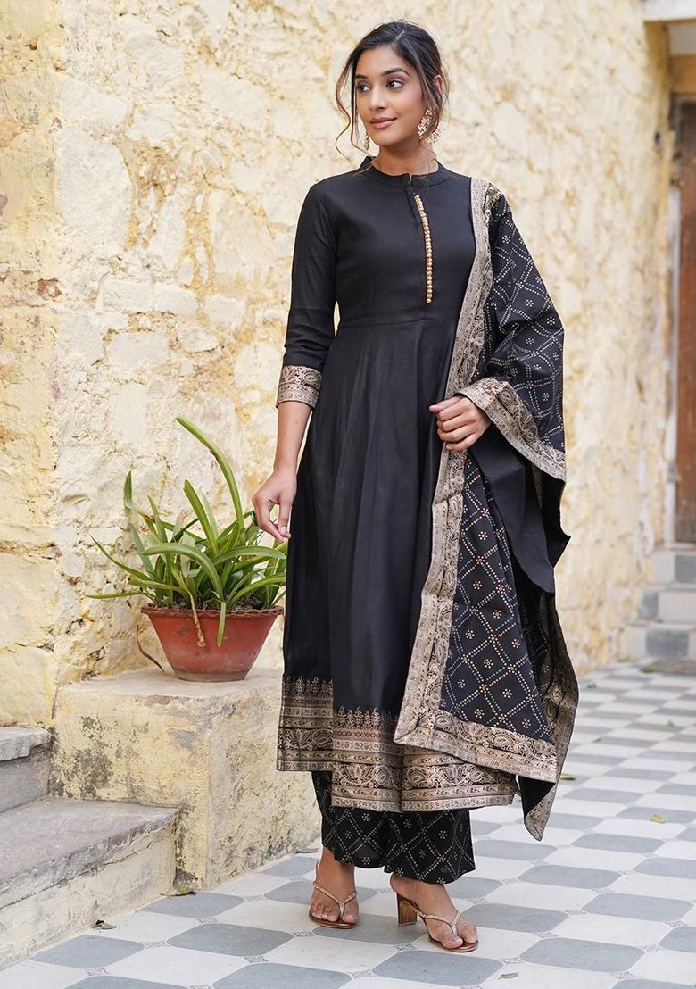 Black Printed Viscose Kurta Set - Indya