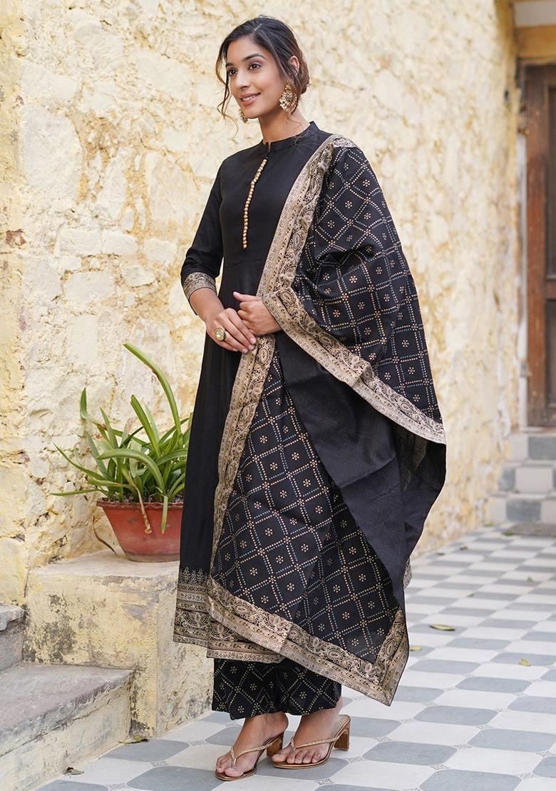 Black Printed Viscose Kurta Set - Indya