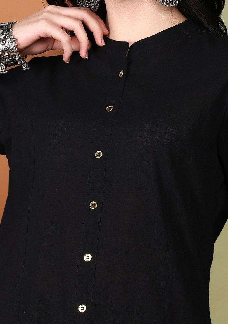 Black Solid Cotton Kurta Set - Indya