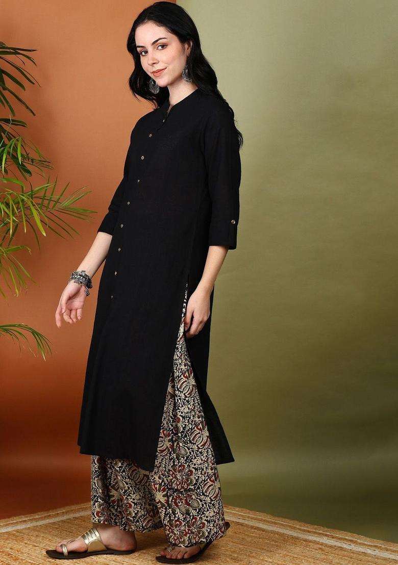 Black Solid Cotton Kurta Set - Indya