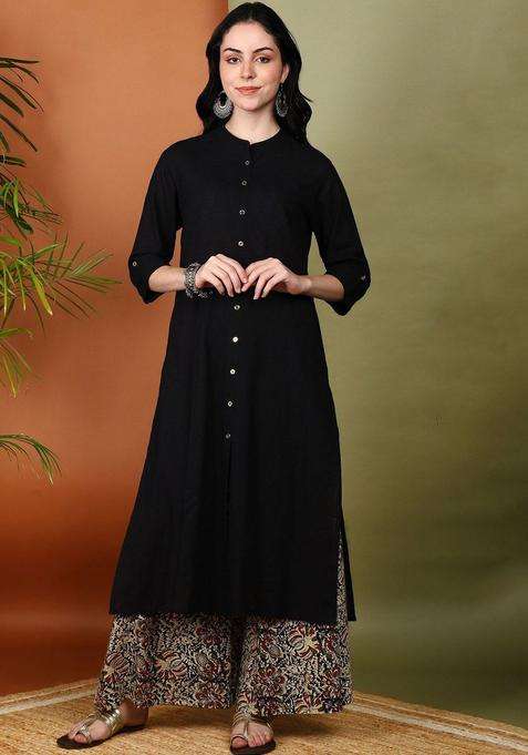 Black Solid Cotton Kurta Set
