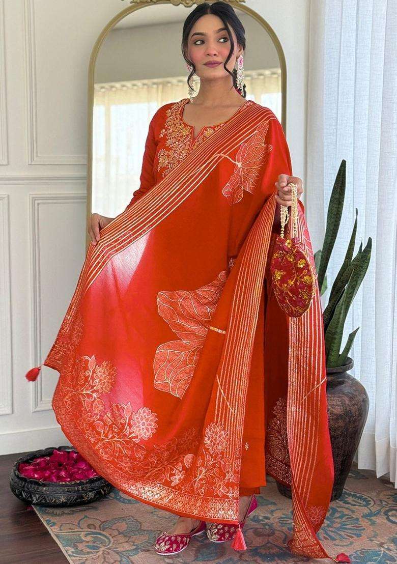 Orange Embroidered Silk Kurta Set - Indya