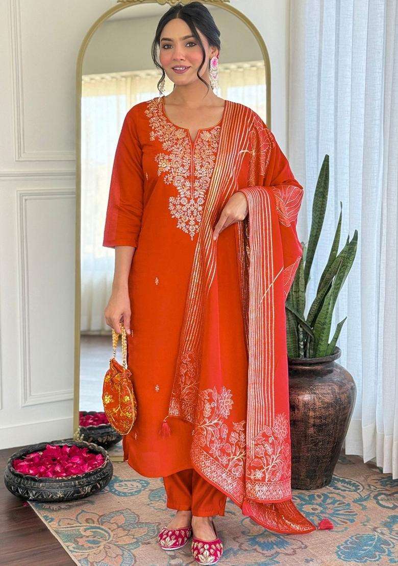 Orange Embroidered Silk Kurta Set - Indya