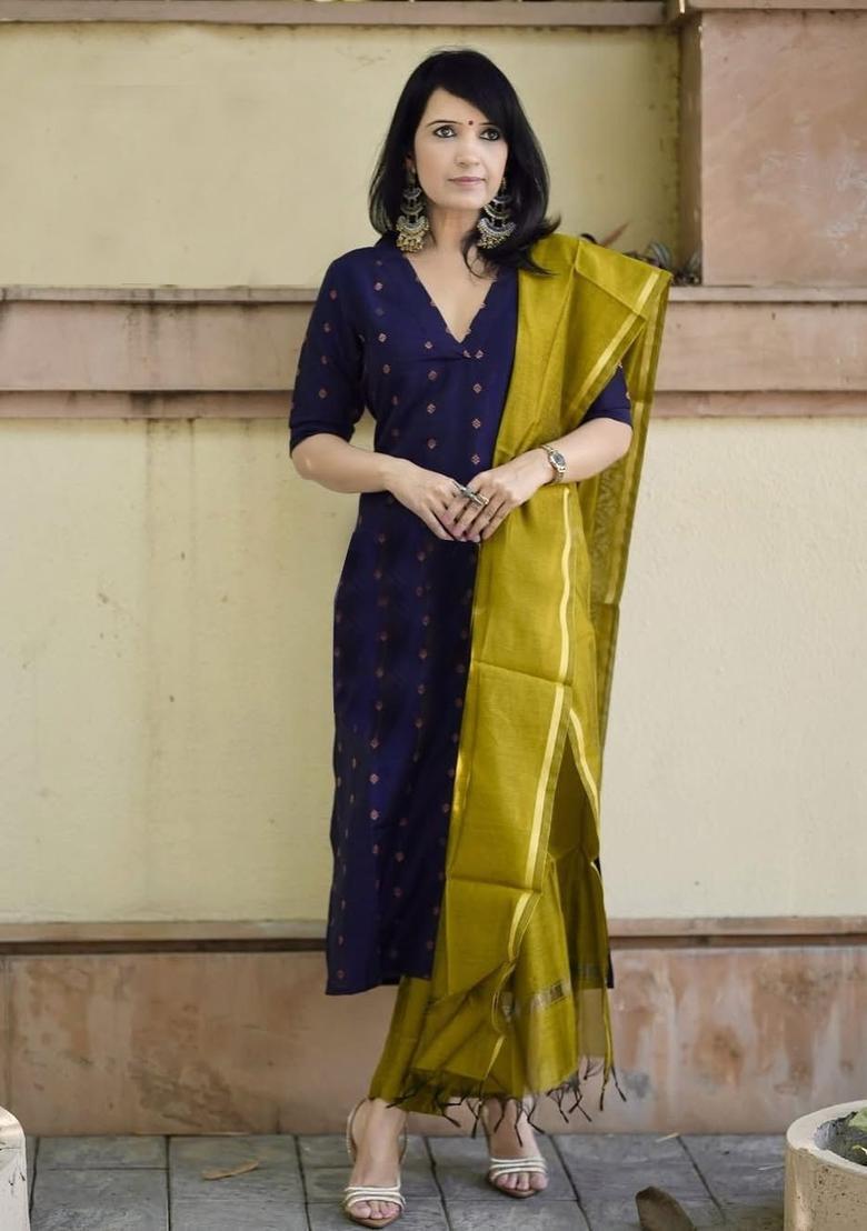 Blue Woven Design Viscose Kurta Set - Indya