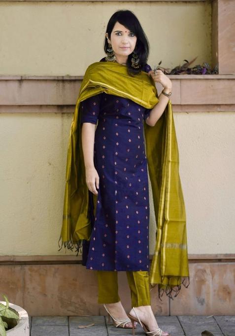 Blue Woven Design Viscose Kurta Set — view on Indya