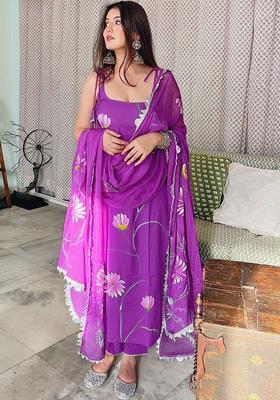 Purple Printed Crepe Kurta Set