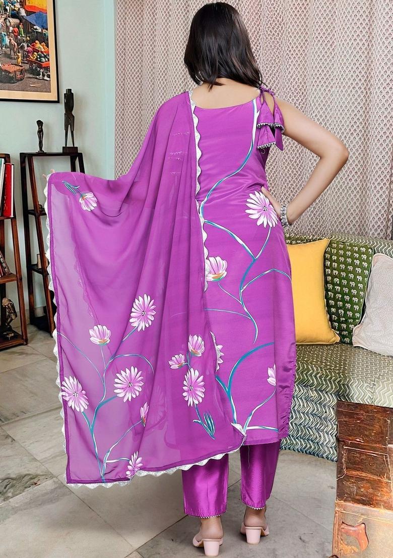 Purple Printed Crepe Kurta Set - Indya